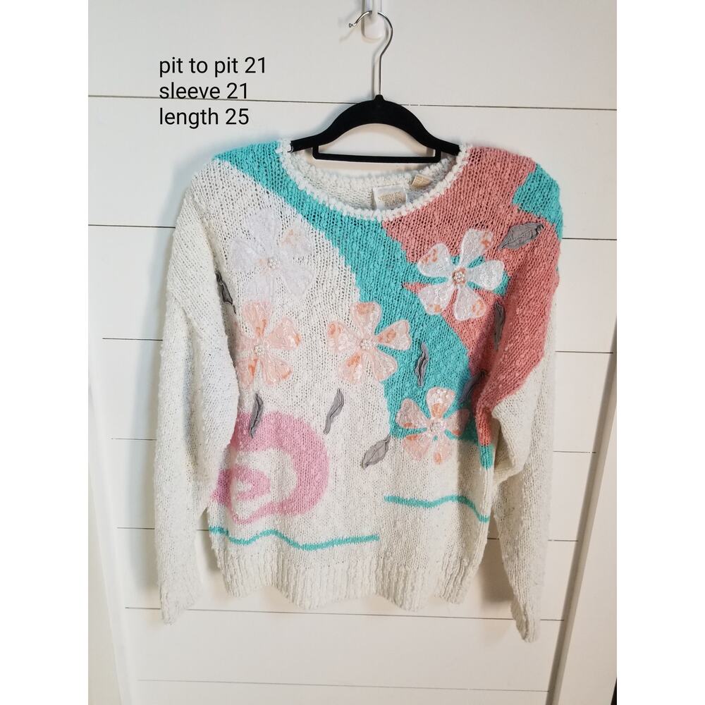 Vintage 80s 90s Needles & Yarn Sweater Womens Size L Teal Pink Floral 3D